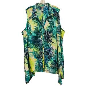 CATHERINES Women's 3X 26/28W Top Button Front Sleeveless Tropical Leaf Print